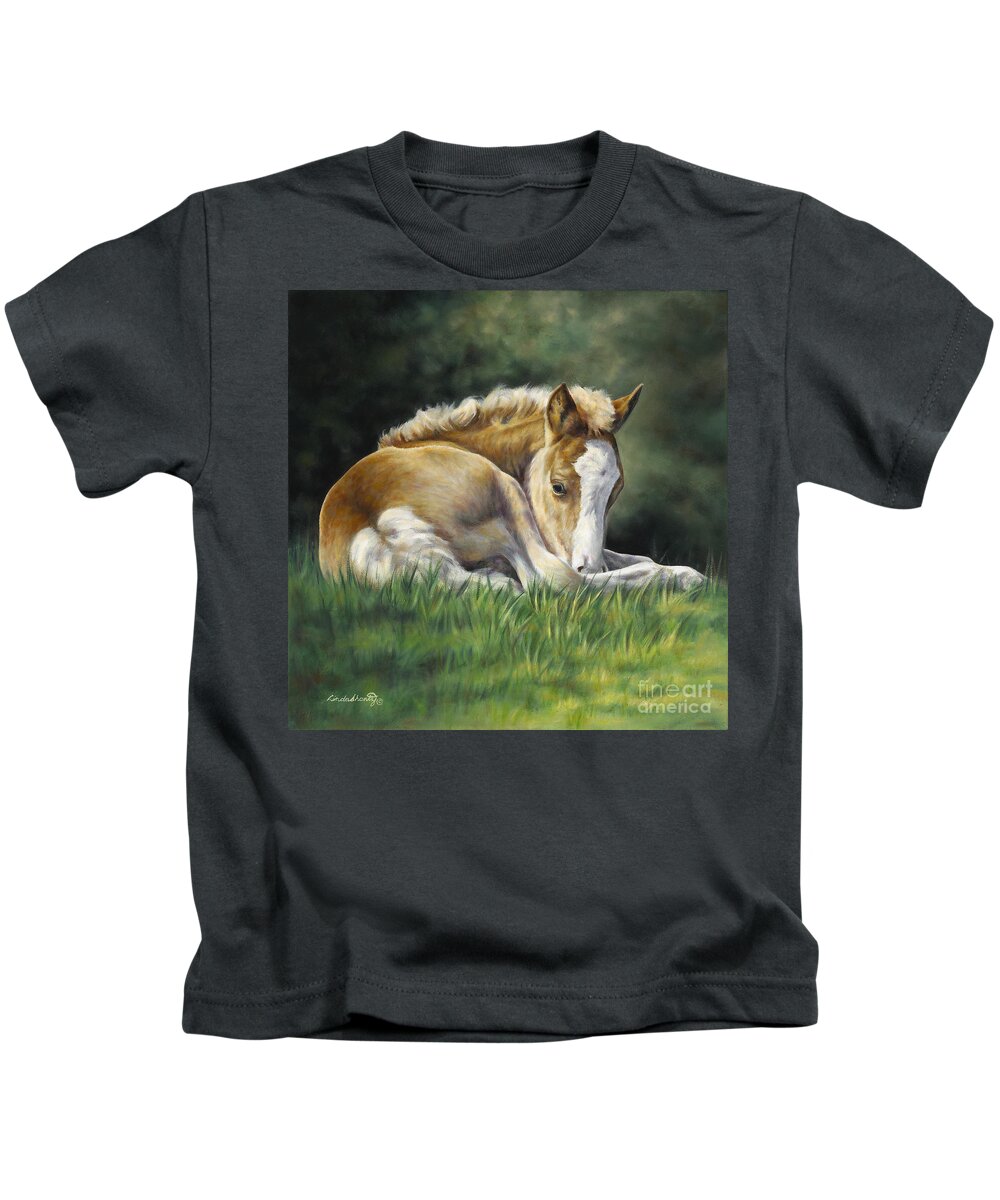 Foal Kids T-Shirt featuring the painting Sunkissed by Linda Shantz