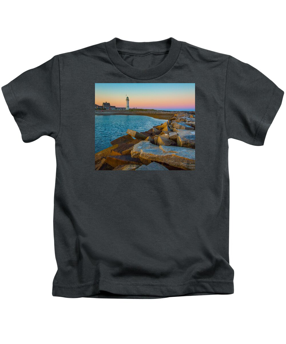Sunset At Old Scituate Lighthouse Kids T-Shirt featuring the photograph Sunset at Old Scituate Lighthouse by Brian MacLean