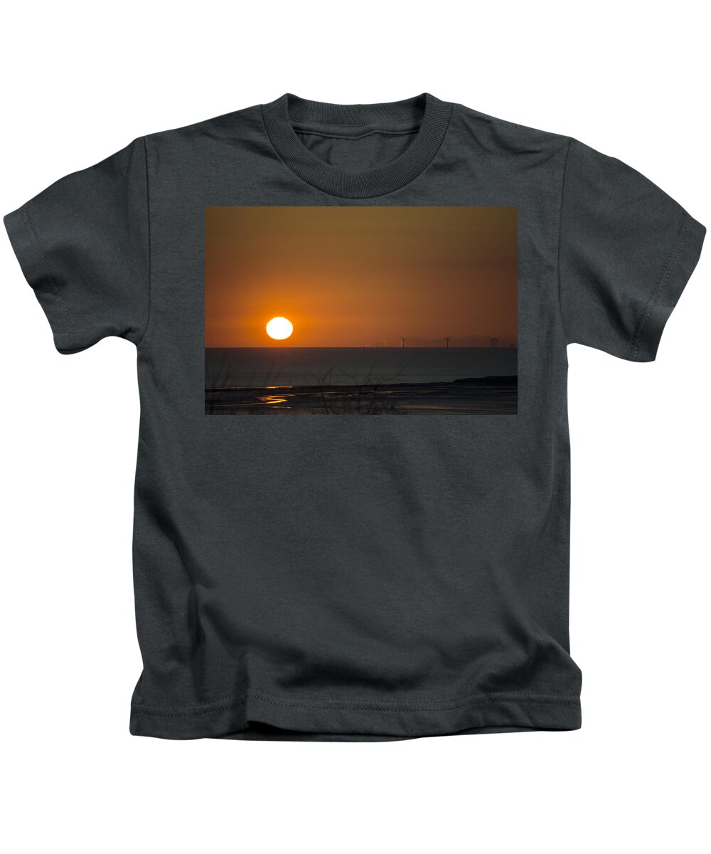 Sun Kids T-Shirt featuring the photograph Sunset Over The Windfarm by Spikey Mouse Photography