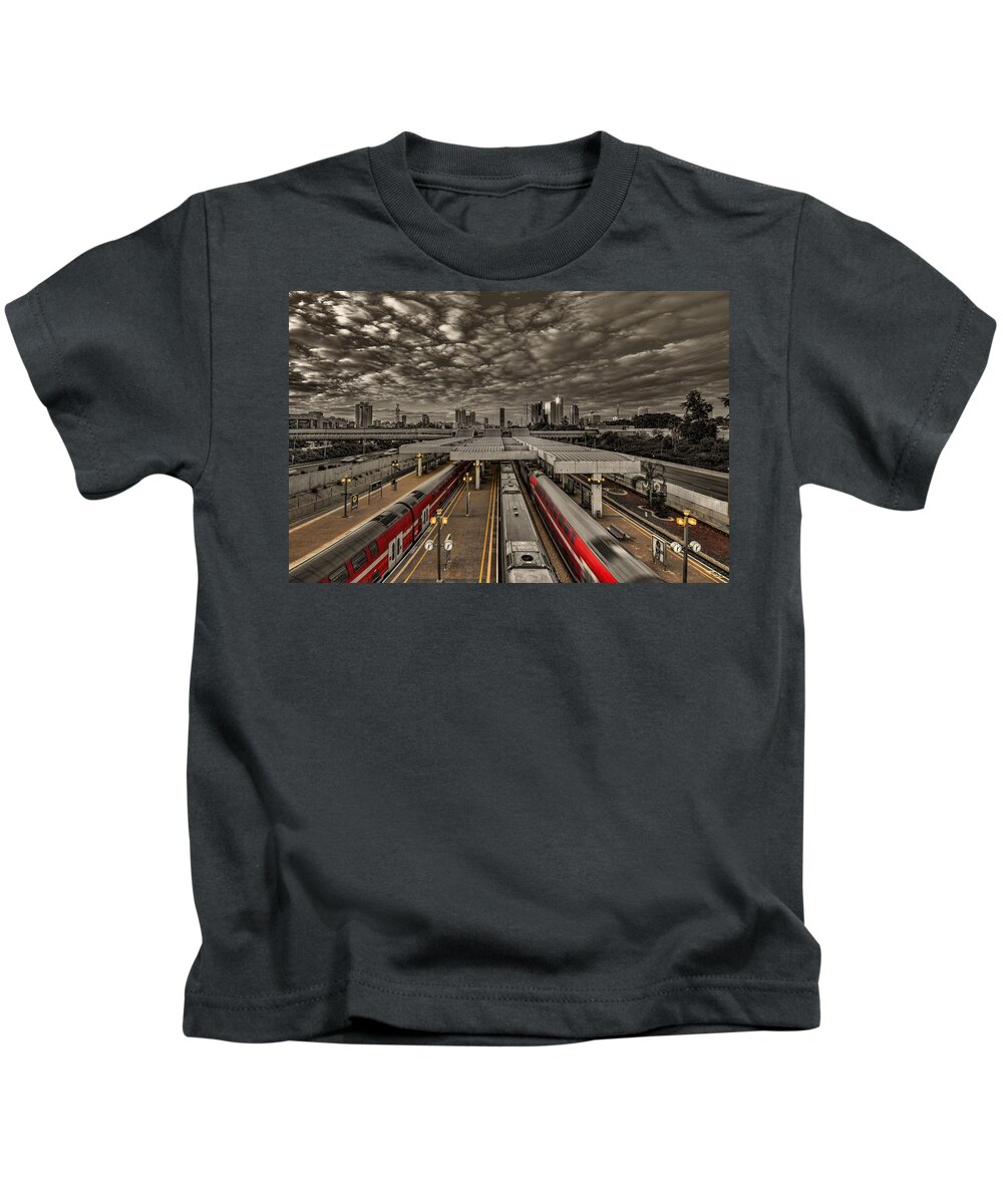 Israel Kids T-Shirt featuring the photograph Tel Aviv central railway station by Ron Shoshani