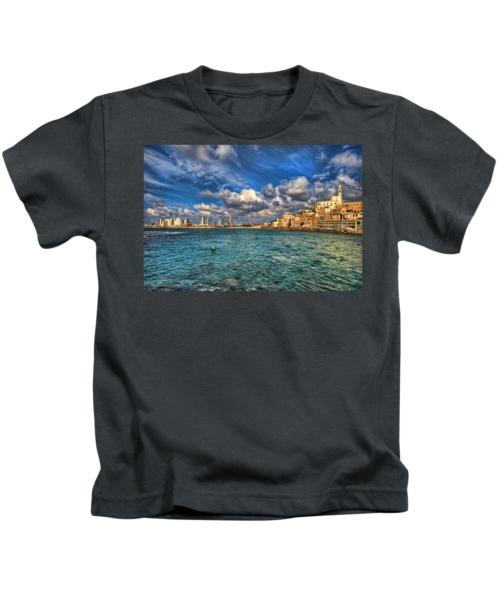 Old City Kids T-Shirt featuring the photograph Tel Aviv Jaffa shoreline by Ron Shoshani