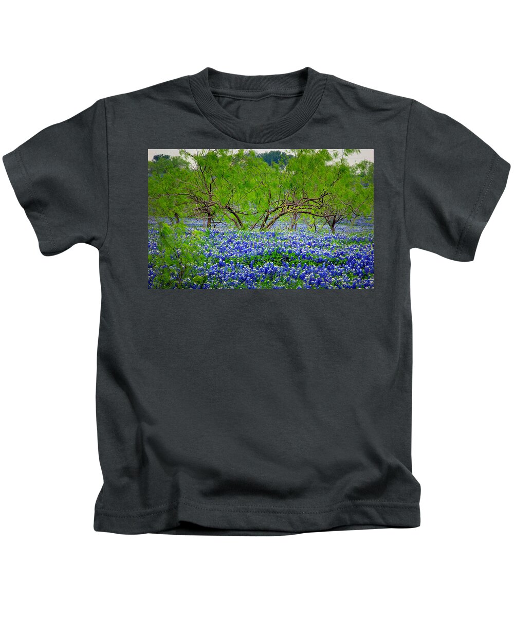 Bluebonnets Kids T-Shirt featuring the photograph Texas Bluebonnets - Texas Bluebonnet Wildflowers Landscape Flowers by Jon Holiday