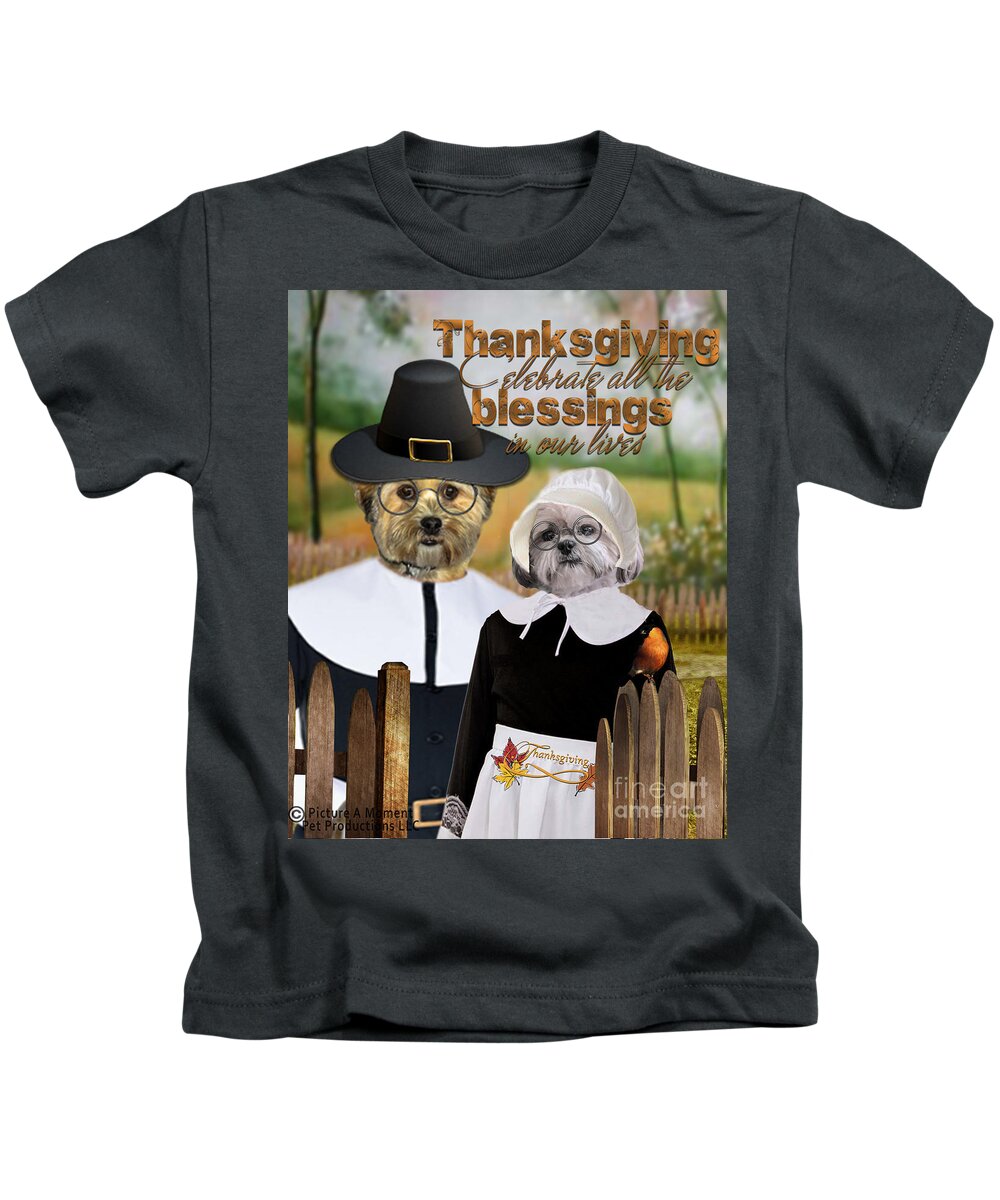  Canine Thanksgiving Kids T-Shirt featuring the digital art Thanksgiving From The Dogs-2 by Kathy Tarochione