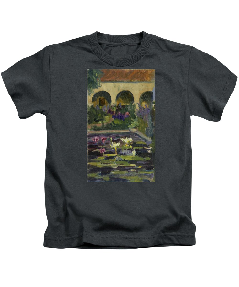 San Juan Capistrano Mission Kids T-Shirt featuring the painting  Fountain At Mission San Juan Capistrano by Maria Hunt