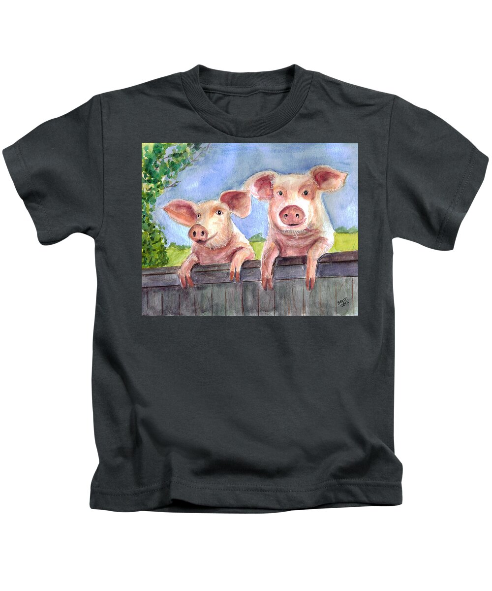 Pig Kids T-Shirt featuring the painting This little piggy by Clara Sue Beym
