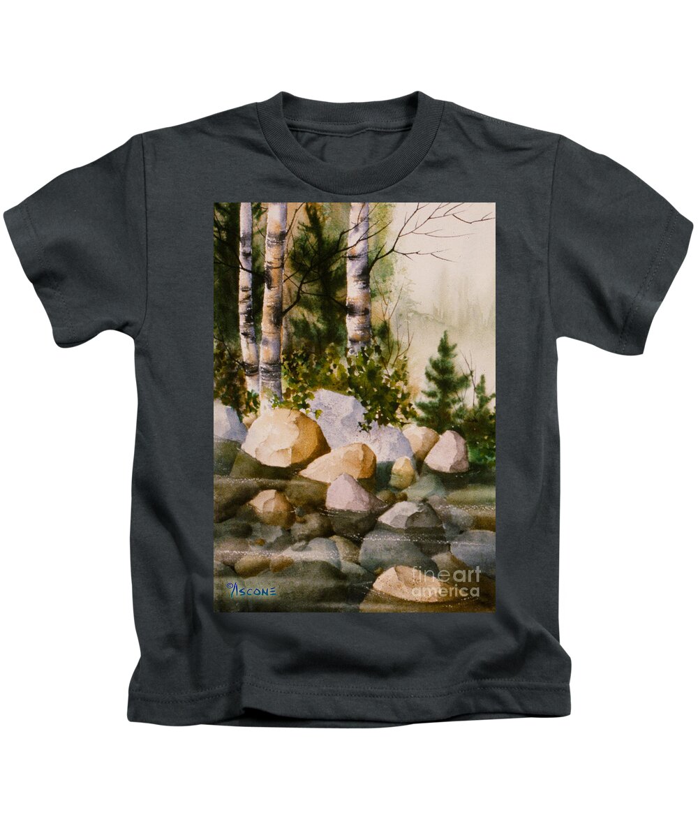 Three Birch By Rocky Shore Kids T-Shirt featuring the painting Three Birch by Rocky Stream by Teresa Ascone