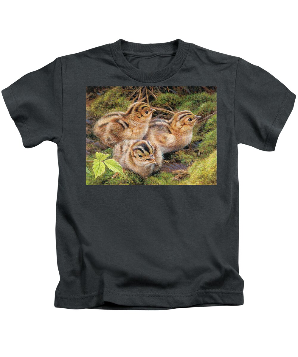 Animal Kids T-Shirt featuring the photograph Three Pheasant Chicks In Grass by Ikon Ikon Images