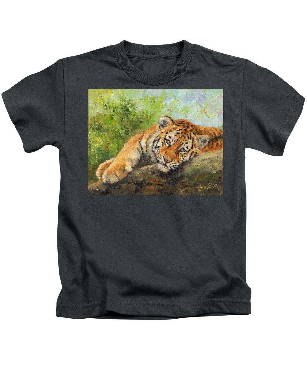 Tiger Kids T-Shirt featuring the painting Tiger Cub Resting by David Stribbling