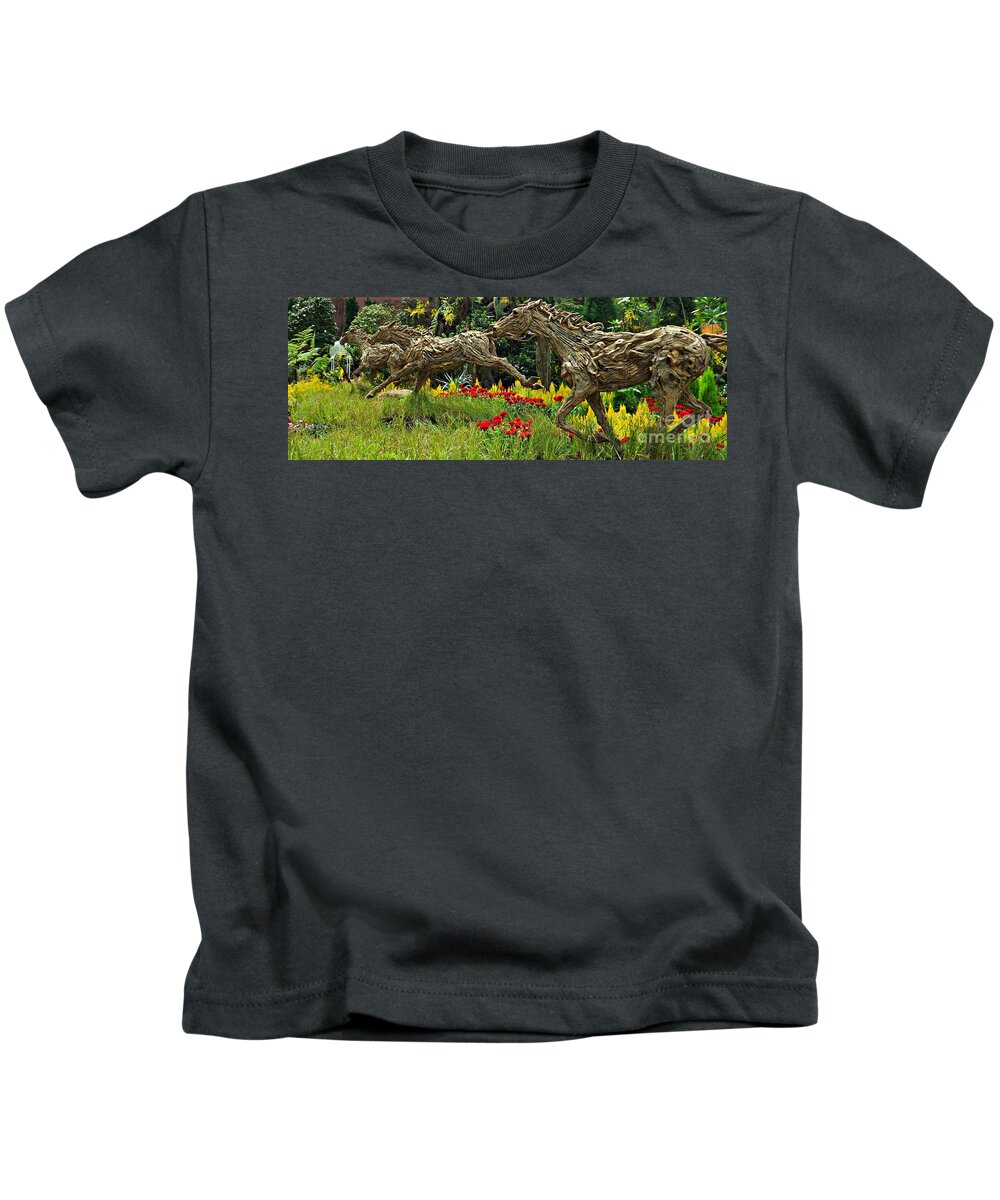 Horse Kids T-Shirt featuring the photograph Time to Run by Clare Bevan