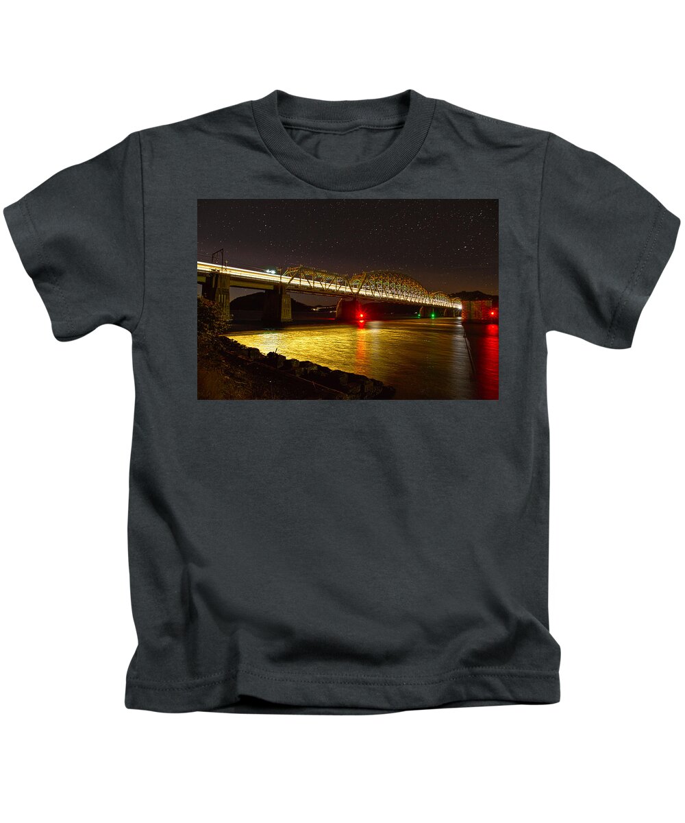 Hawkesbury River Railway Bridge Kids T-Shirt featuring the photograph Train lights in the night by Miroslava Jurcik