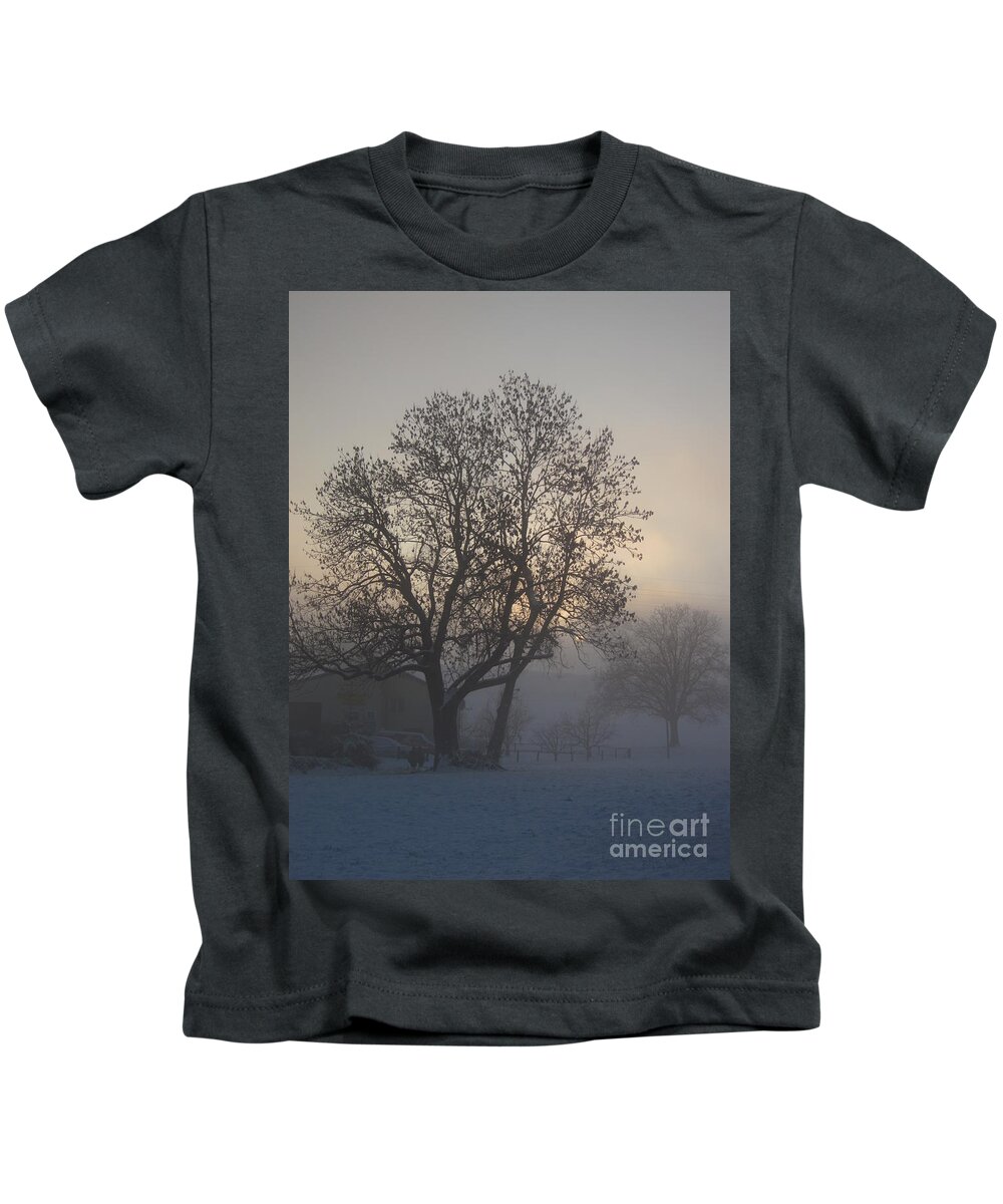 Tree Kids T-Shirt featuring the photograph Tree in the foggy winter landscape by Amanda Mohler