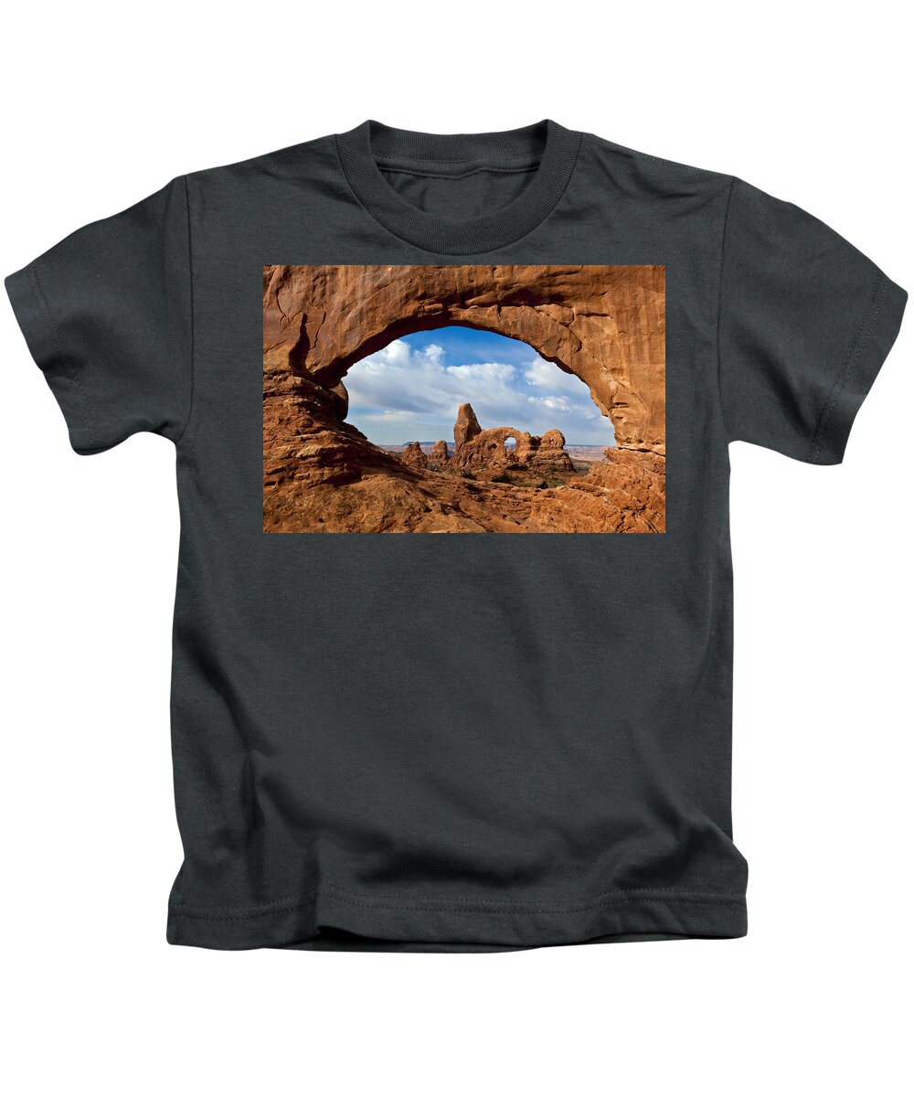 Nis Kids T-Shirt featuring the photograph Turret Arch Through North Window Arch by Erik Joosten
