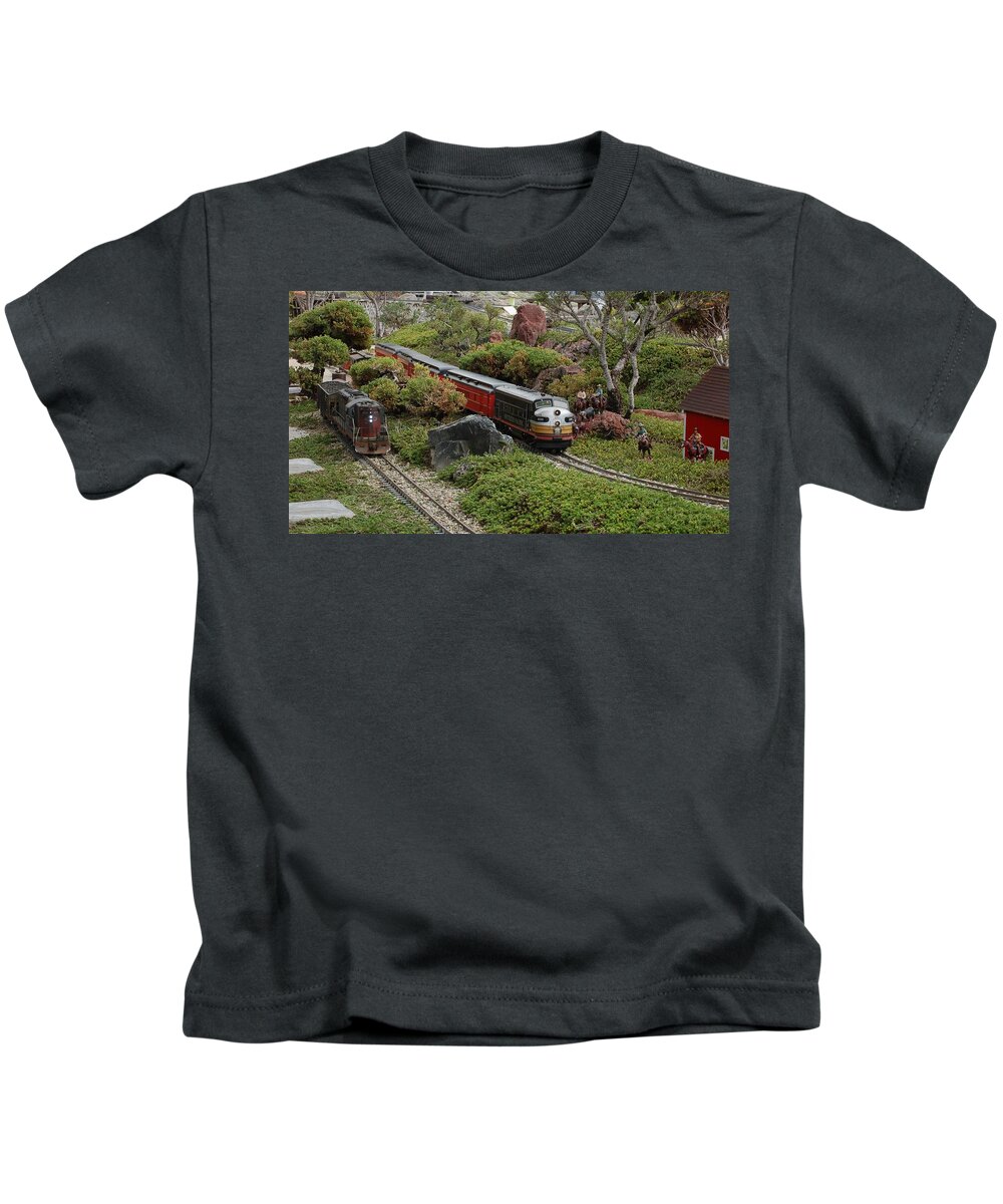 Linda Brody Kids T-Shirt featuring the photograph Two Train Pass the Farm by Linda Brody