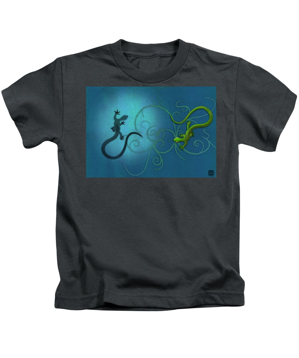 Gecko Kids T-Shirt featuring the digital art water colour print of twin geckos and swirls Duality by Sassan Filsoof