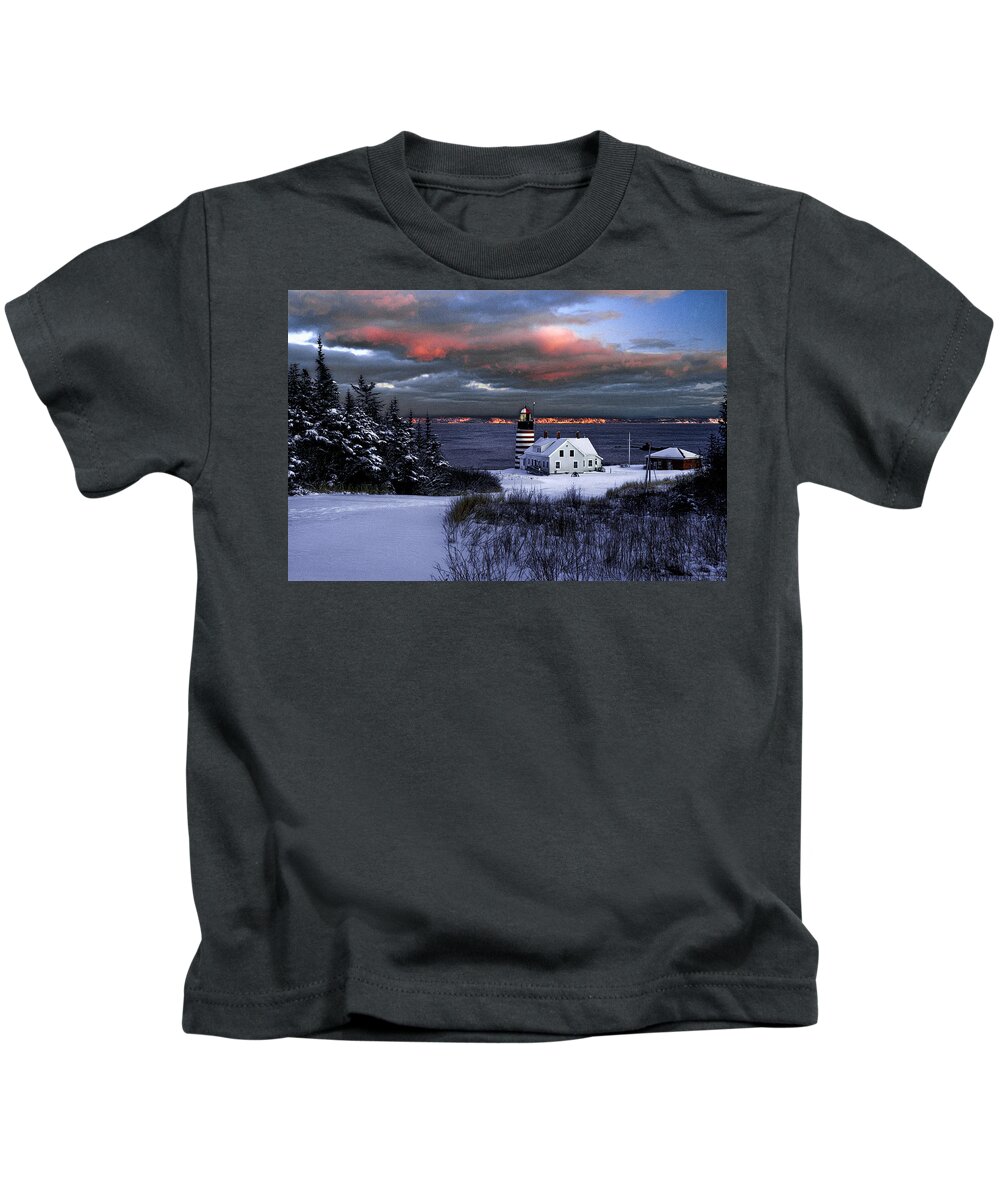West Quoddy Head Lighthouse Kids T-Shirt featuring the photograph West Quoddy Head Lighthouse Winters Dusk Afterglow by Marty Saccone