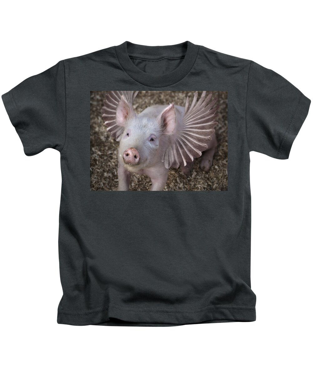 Pig Kids T-Shirt featuring the digital art When Pigs Fly by Rick Mosher