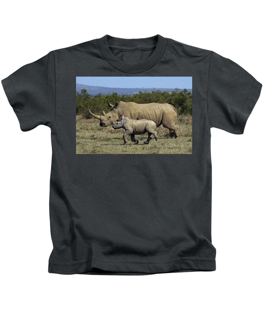 Hiroya Minakuchi Kids T-Shirt featuring the photograph White Rhinoceros And Calf Kenya by Hiroya Minakuchi