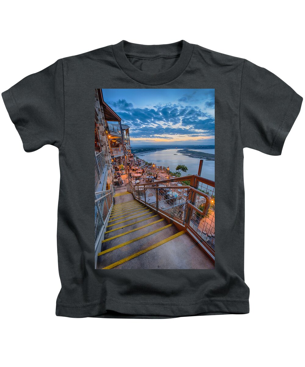 Lake Travis Kids T-Shirt featuring the photograph Wide Angle View of The Oasis and Lake Travis - Austin Texas by Silvio Ligutti