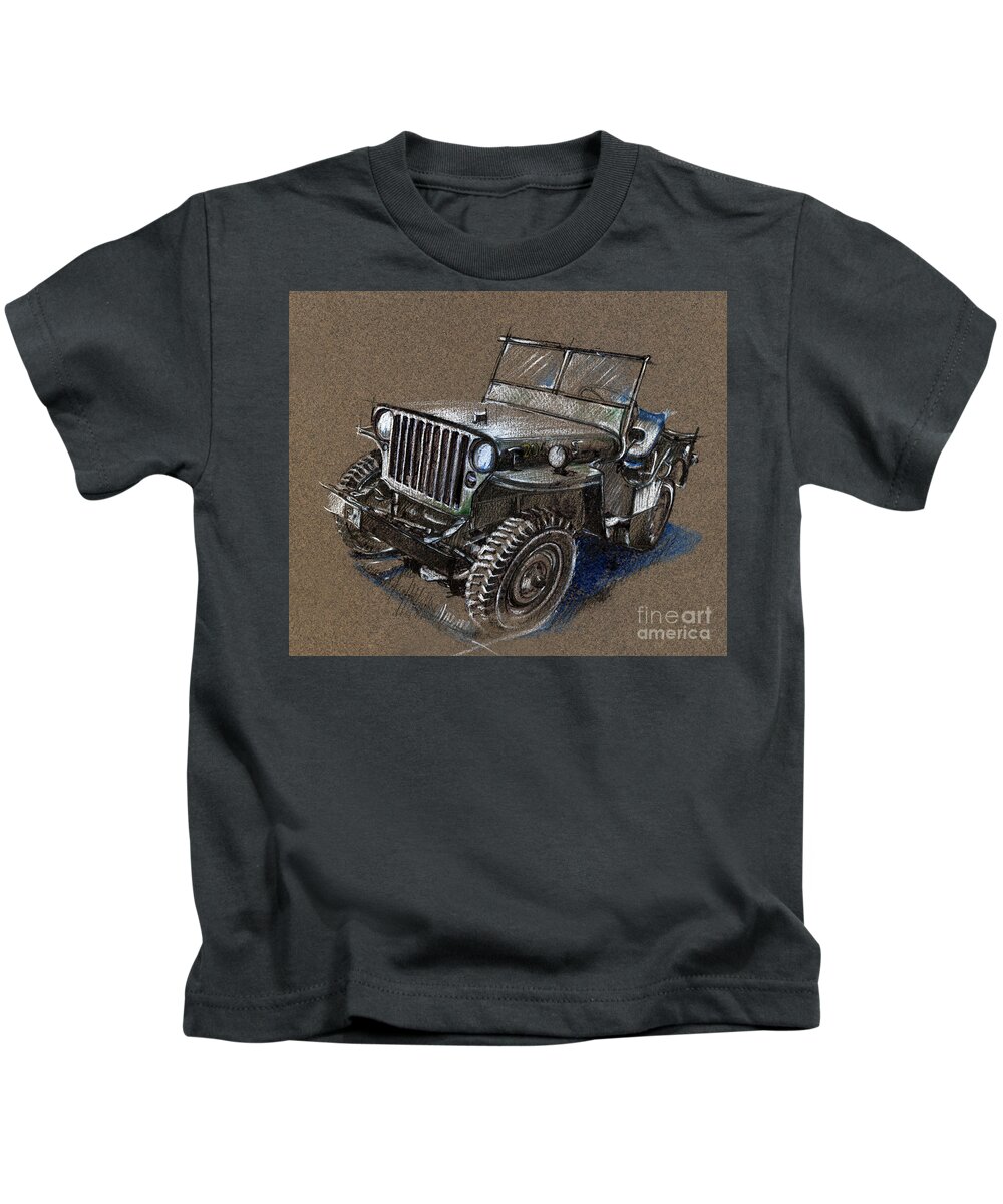 Vintage Car Study Kids T-Shirt featuring the drawing Willys Car Drawing by Daliana Pacuraru