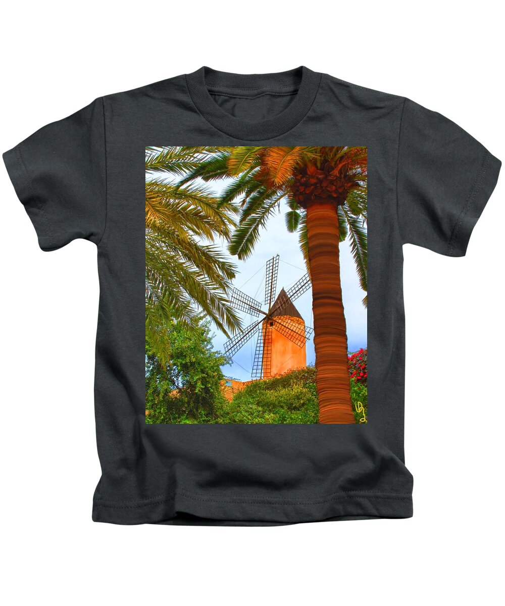 Spain Kids T-Shirt featuring the painting Windmill in Palma de Mallorca by Deborah Boyd