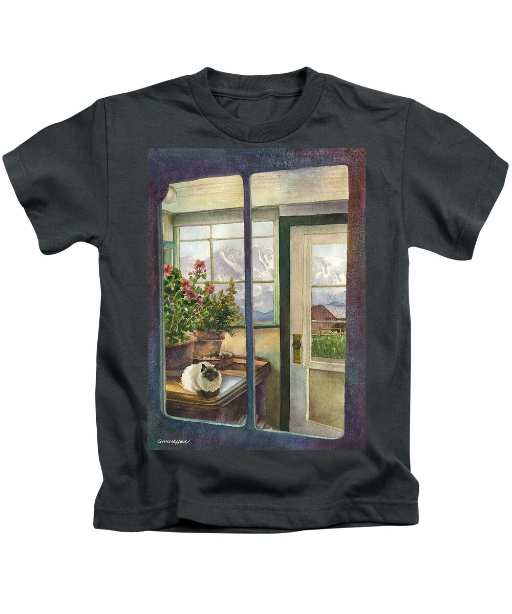 Window Painting Kids T-Shirt featuring the painting Windows to the World by Anne Gifford