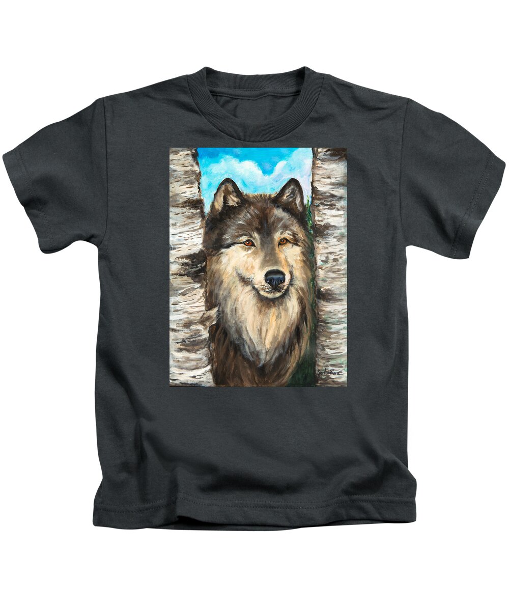 Canine Kids T-Shirt featuring the painting Wolf in the Aspens OriginalPainting ForSale by Bob and Nadine Johnston