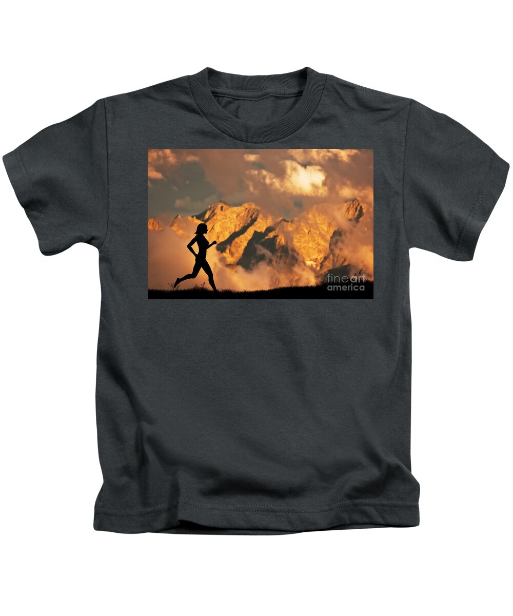 Run Kids T-Shirt featuring the photograph Woman running jogging in the mountains by Michal Bednarek