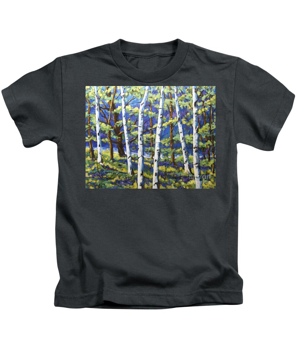 Canadian Landscape Created By Richard T Pranke Kids T-Shirt featuring the painting Woodland Birches by Richard T Pranke