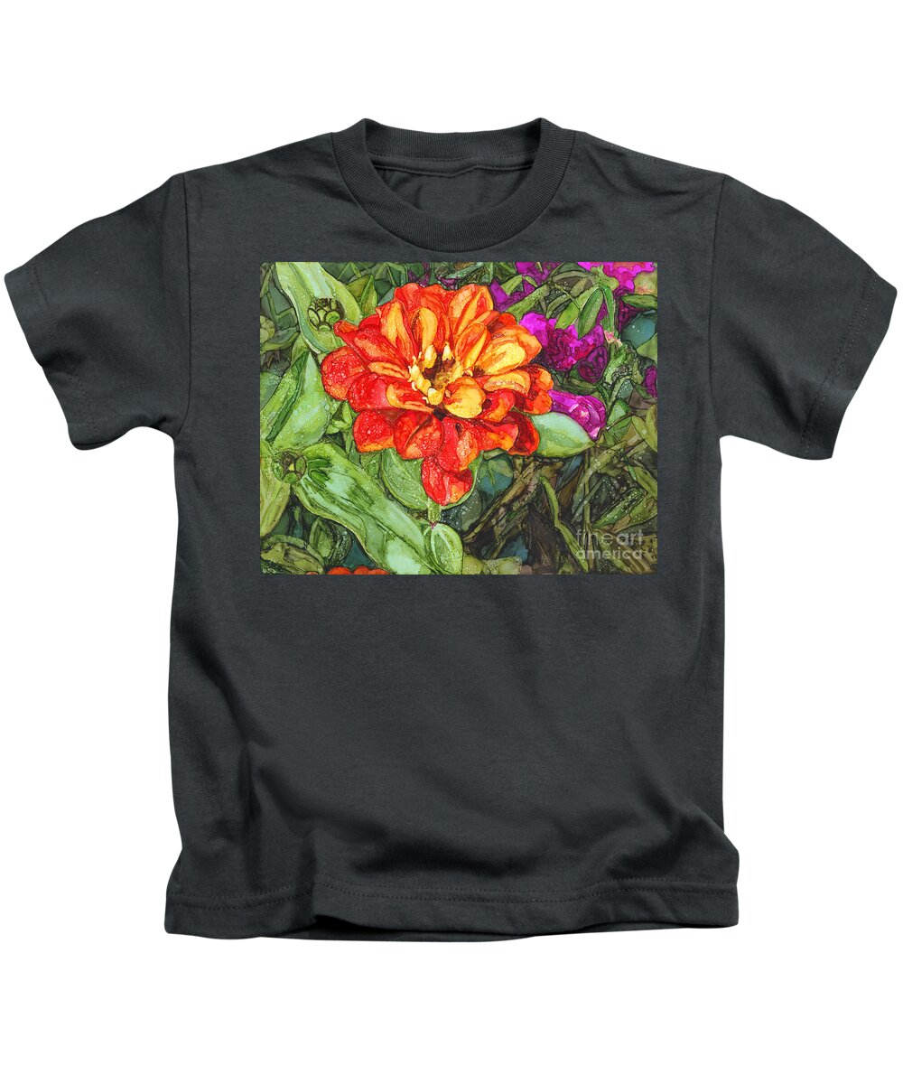 Alcohol Ink Kids T-Shirt featuring the painting Zinnia by Vicki Baun Barry