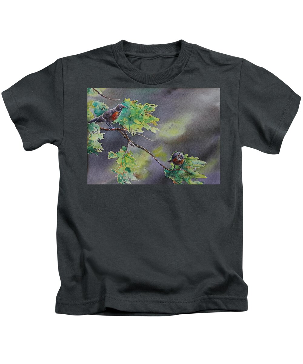 Robin Kids T-Shirt featuring the painting Ready for Take Off by Ruth Kamenev