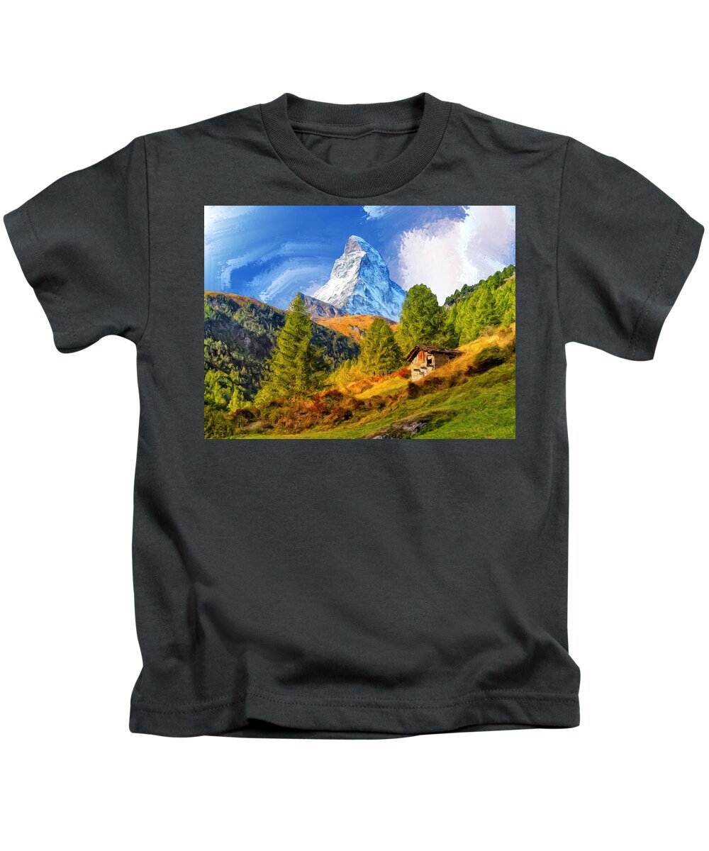 Matterhorn Kids T-Shirt featuring the painting Below the Matterhorn by Dominic Piperata