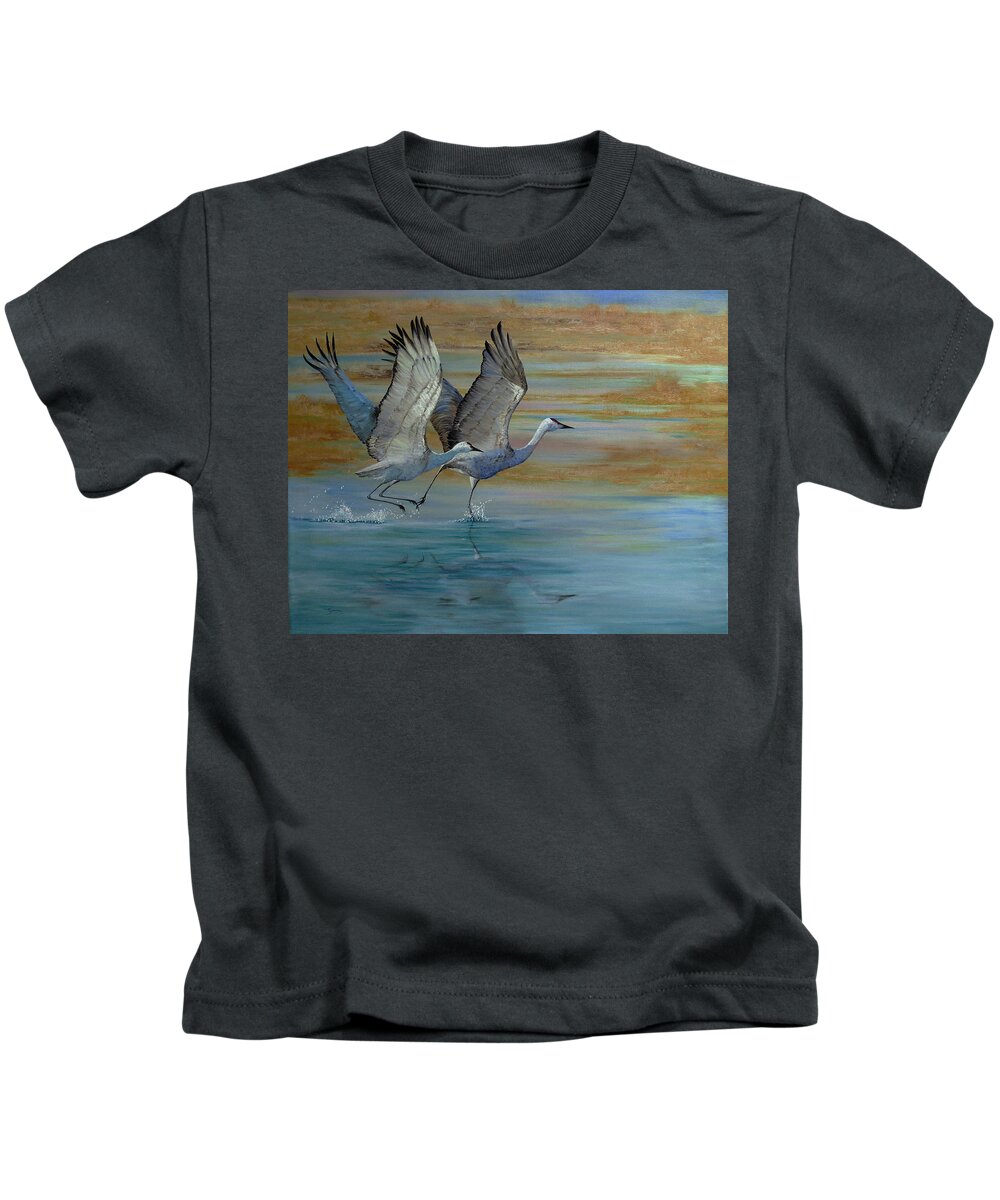 Sandhill Crane Kids T-Shirt featuring the painting Cleared For Takeoff by Dee Carpenter