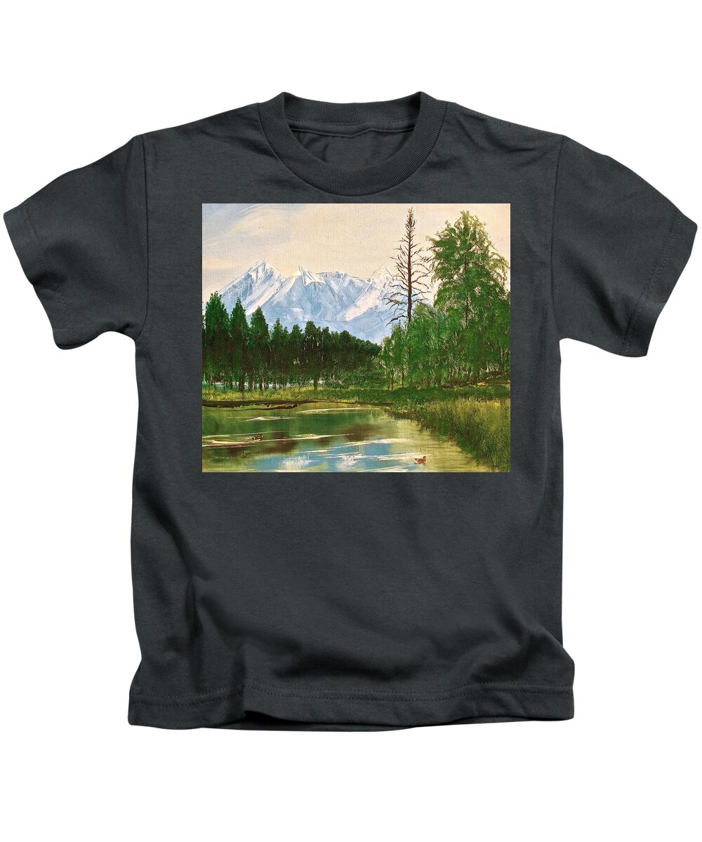 Mountains Kids T-Shirt featuring the painting Duck Pond by Frank SantAgata