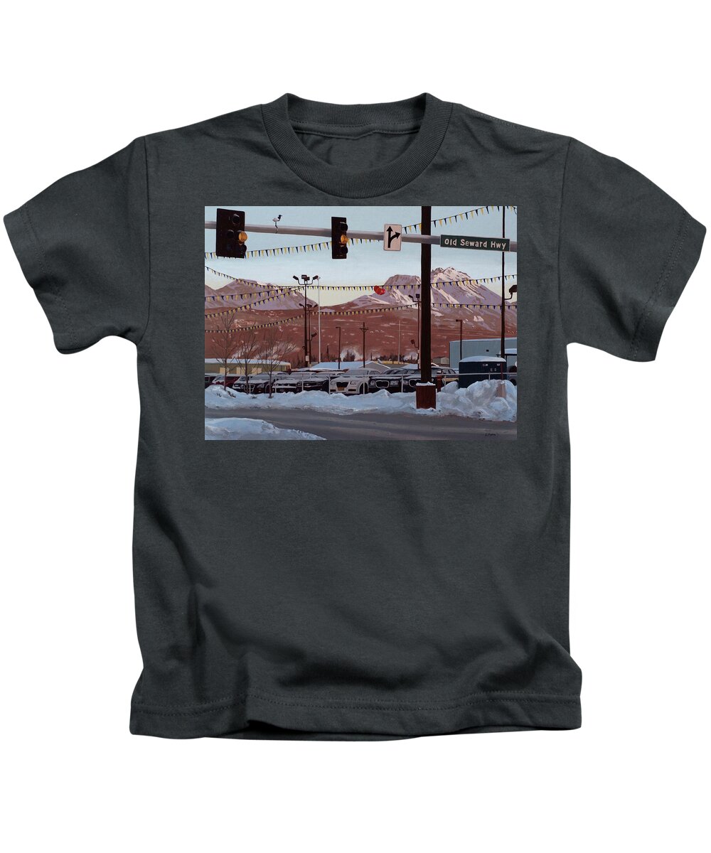 Landscape Kids T-Shirt featuring the painting Flattop Mountain from Old Seward Hwy by Craig Morris