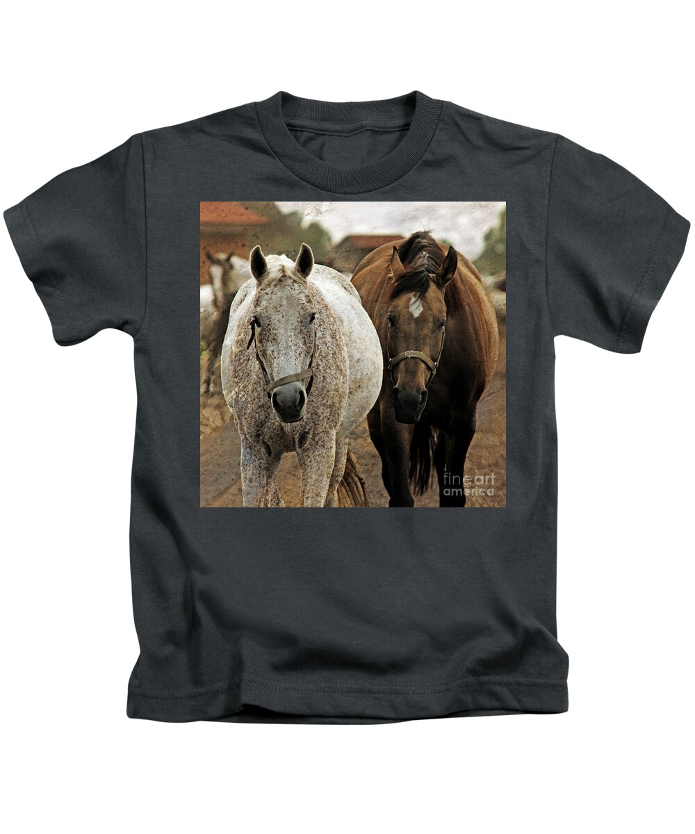  Kids T-Shirt featuring the photograph Horses On The Paddock by Ang El
