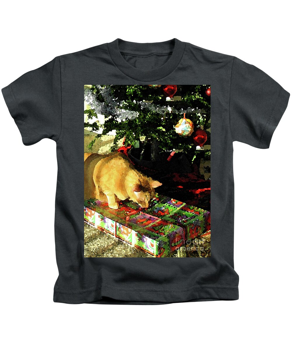 Christmas Card Kids T-Shirt featuring the digital art Kitty's Christmas by Karen Francis