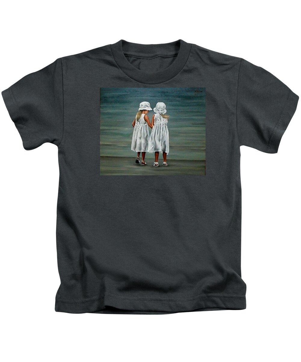 Portrait Kids T-Shirt featuring the painting Little Sisters By The Shore by Natalia Tejera