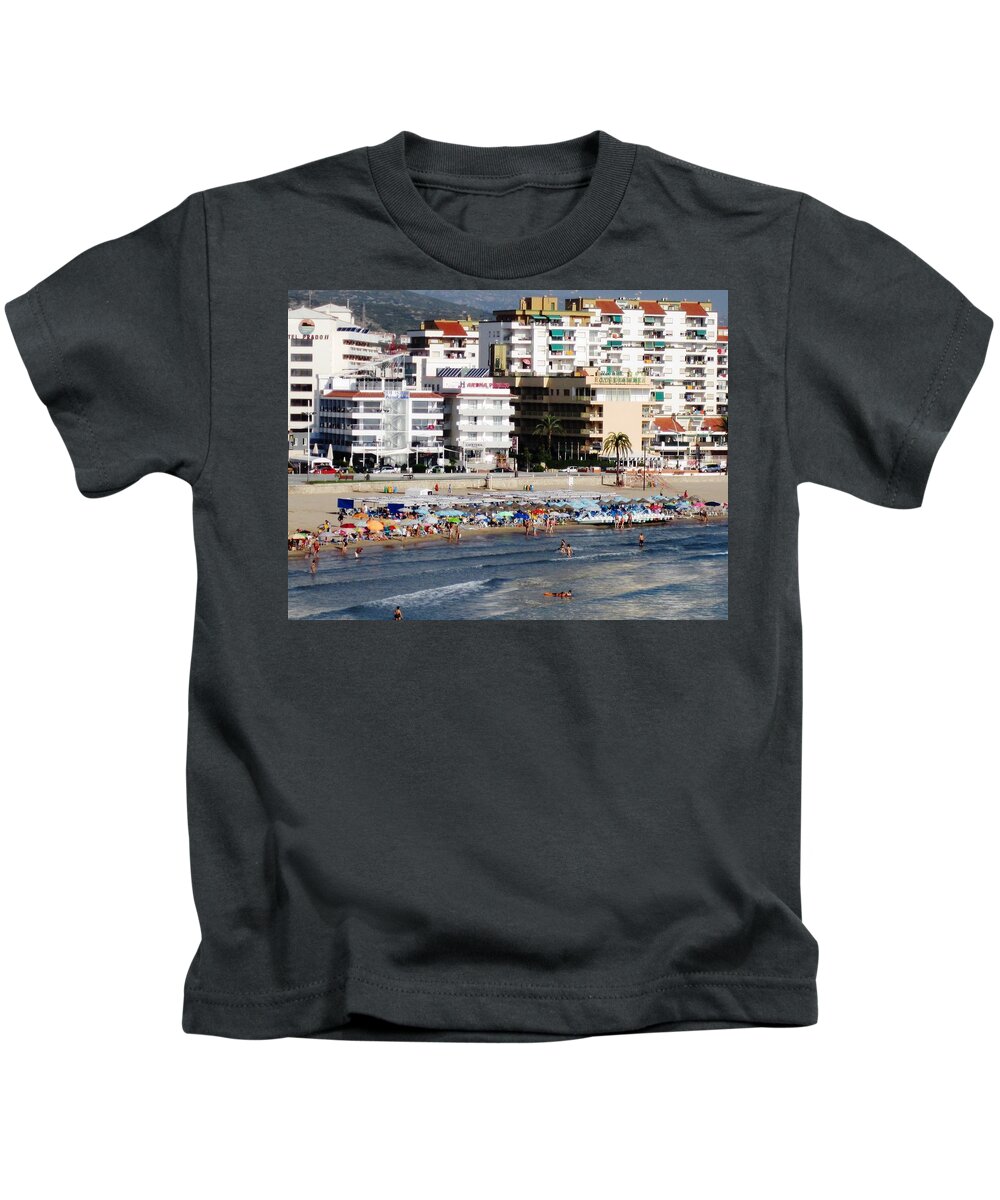 Peniscola Kids T-Shirt featuring the photograph Peniscola Beach By Mediterranean Sea in Spain by John Shiron