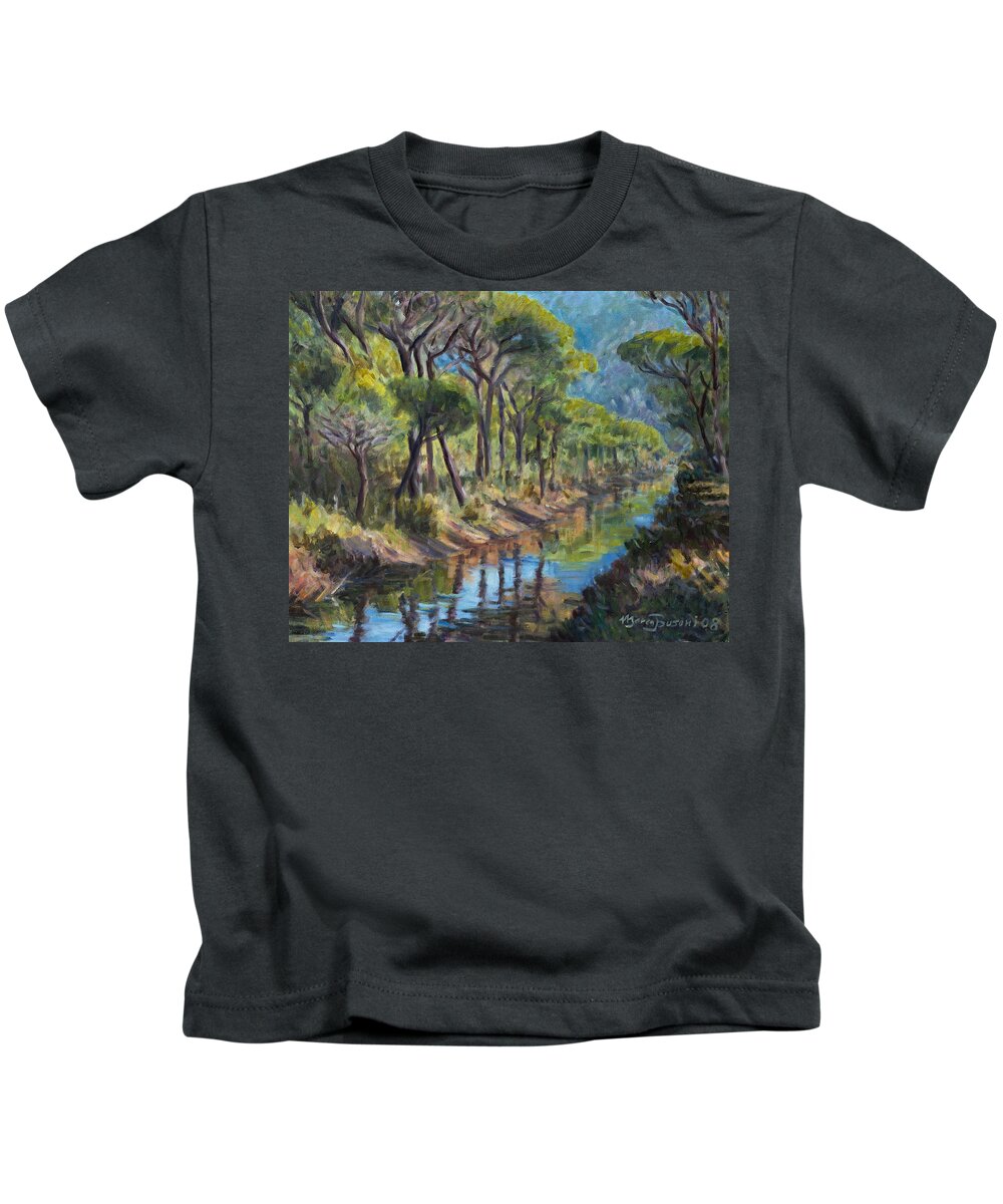 Pine Tree Mediterranean Wood Tuscany Maremma Canal Italy Kids T-Shirt featuring the painting Pine Wood Reflections by Marco Busoni