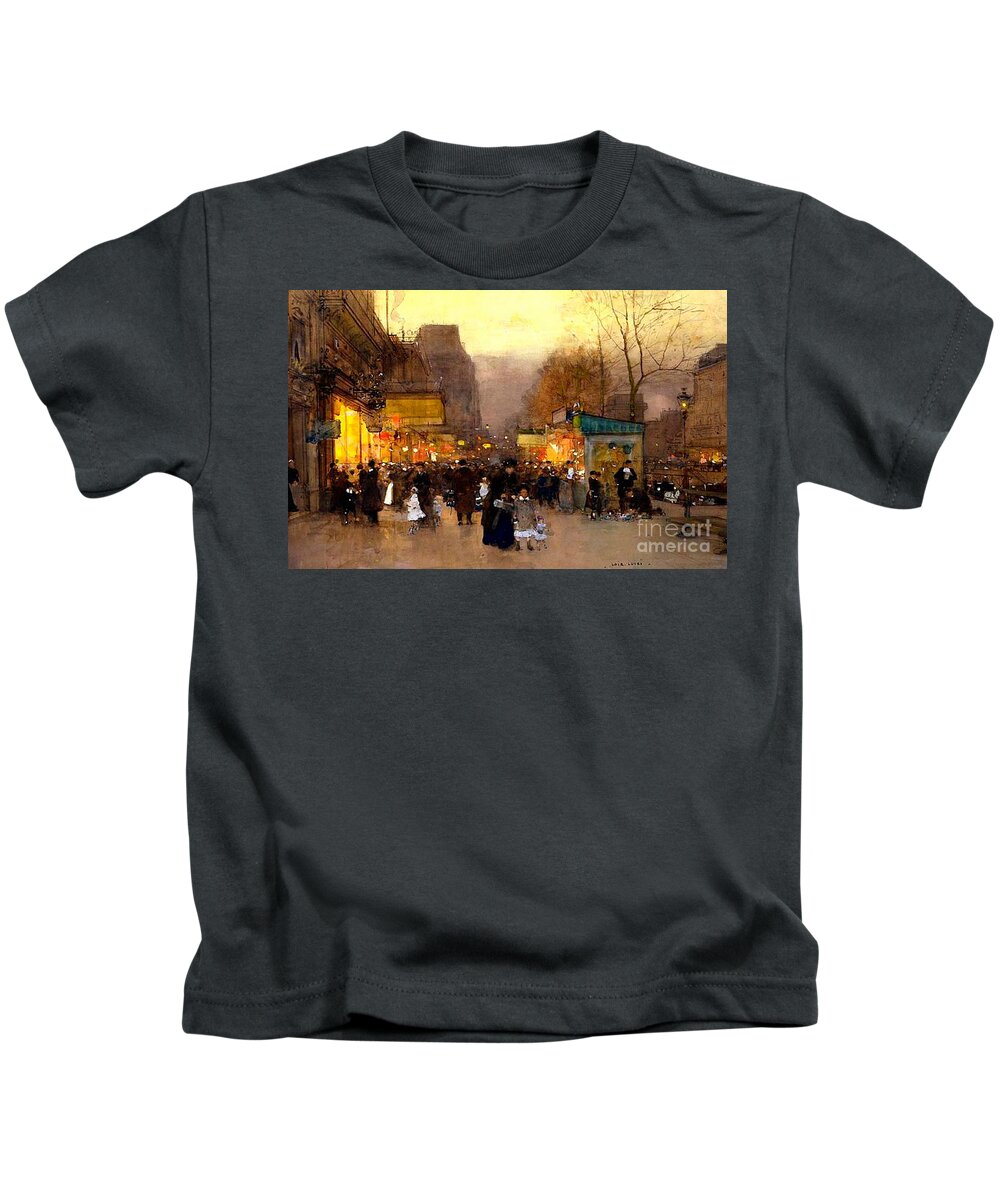 The Top Of The Monumental Arch Itself Kids T-Shirt featuring the painting Porte St Martin at Christmas Time in Paris by Luigi Loir