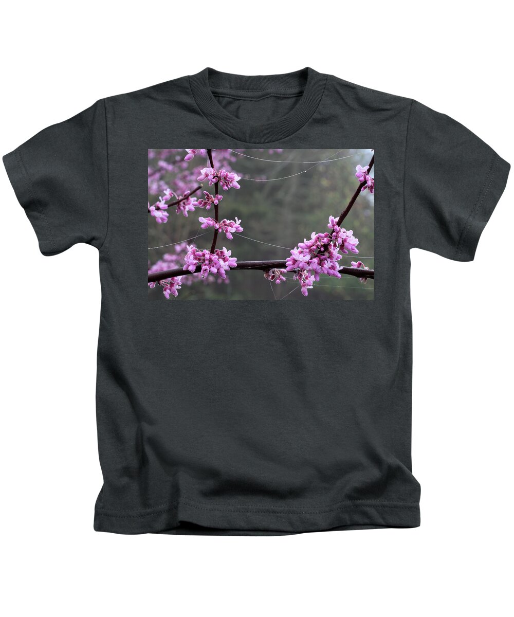 Cercis Canadensis Kids T-Shirt featuring the photograph Redbud With Webs And Dew by Daniel Reed