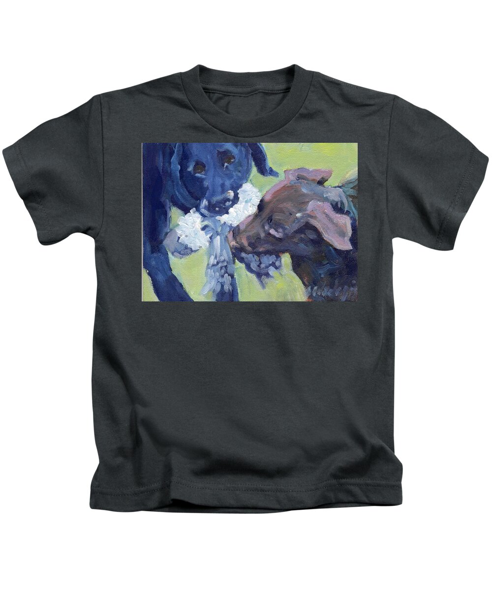 Chocolate Lab Pup Kids T-Shirt featuring the painting Tug O War by Sheila Wedegis