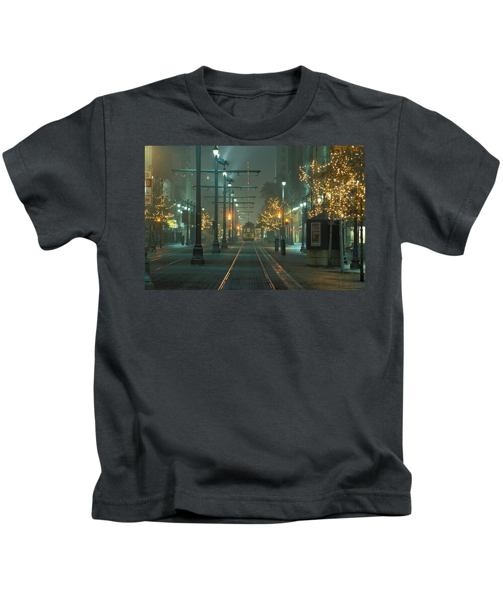 Trolley Kids T-Shirt featuring the photograph Main Street Trolley at Night by James C Richardson