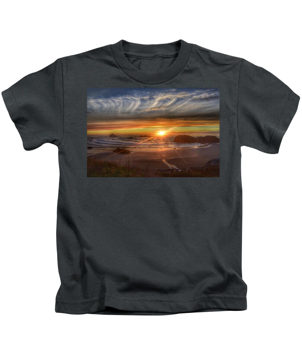 Bandon-oregon Kids T-Shirt featuring the photograph Bandon Sunset #1 by Bonnie Bruno