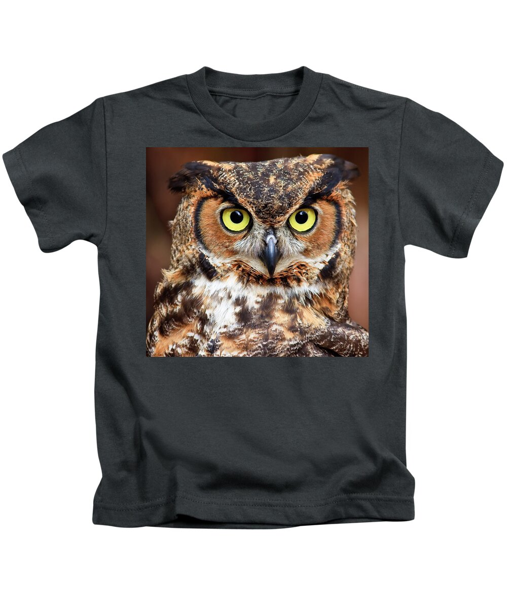 Great Horned Owls Kids T-Shirt featuring the photograph Great Horned Owl Head #2 by Jill Lang