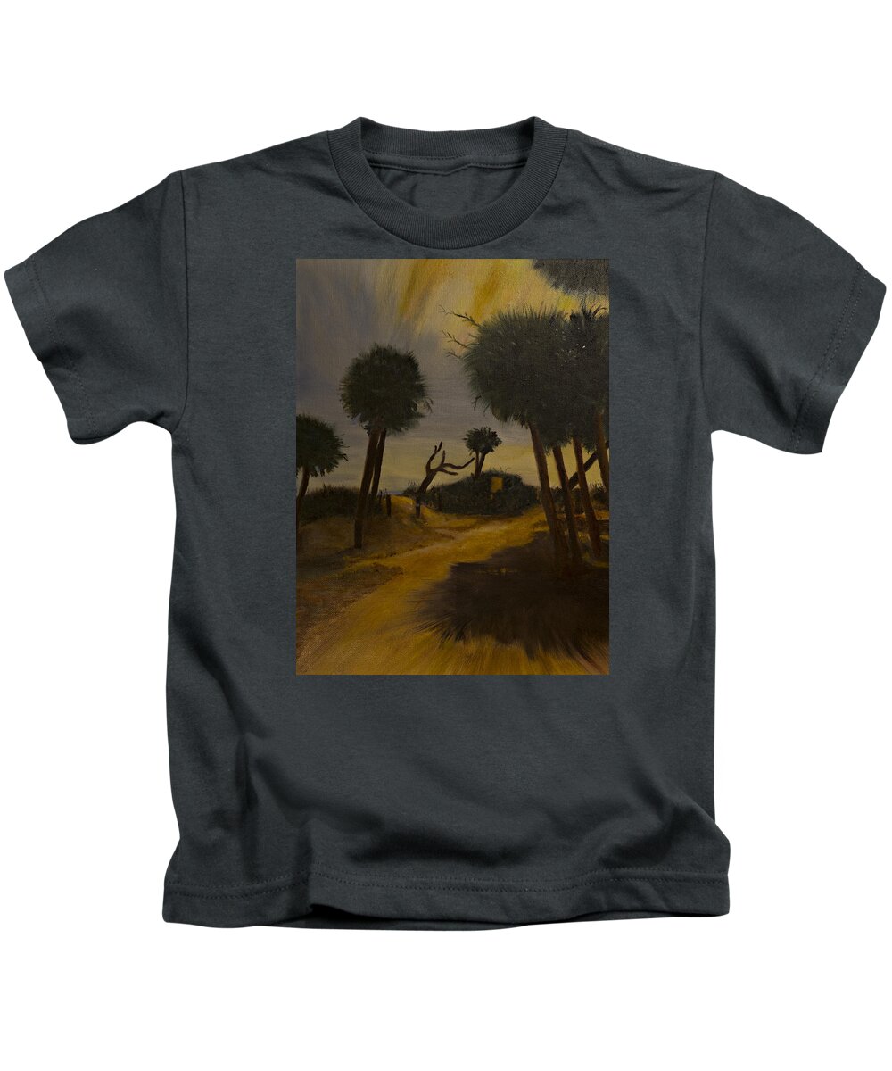 Pathway To Beach In The Moonlight On Summer Night With Palm Trees Kids T-Shirt featuring the painting Moonlit path #2 by Kathy Knopp