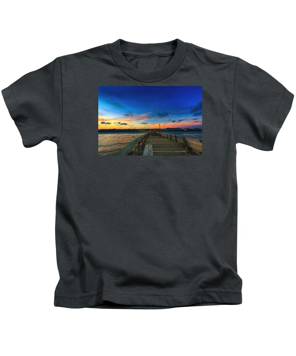 Oak Island Kids T-Shirt featuring the photograph Pier View Sunset #1 by Nick Noble