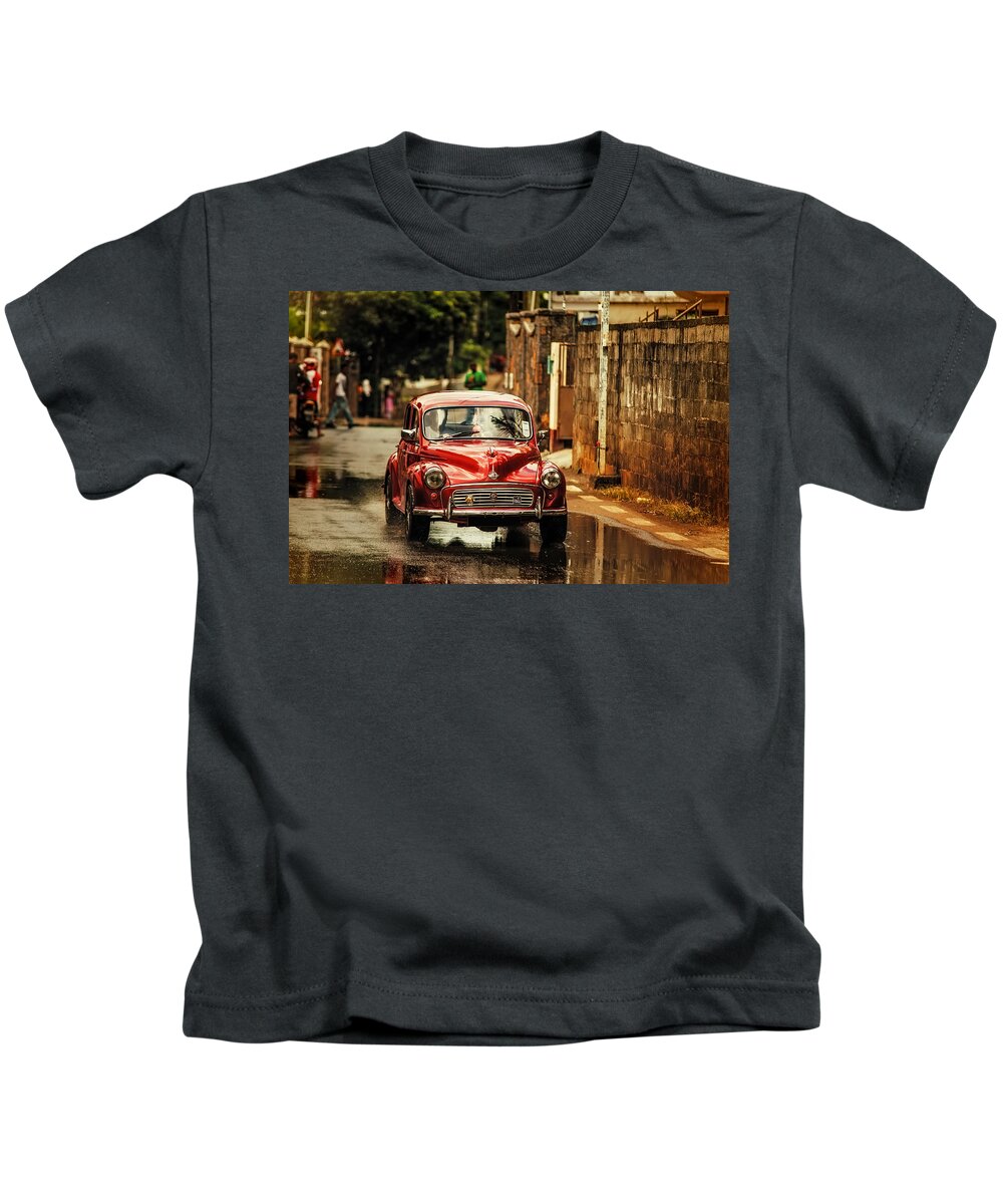 Morris Minor Kids T-Shirt featuring the photograph Red Retromobile. Morris Minor #1 by Jenny Rainbow