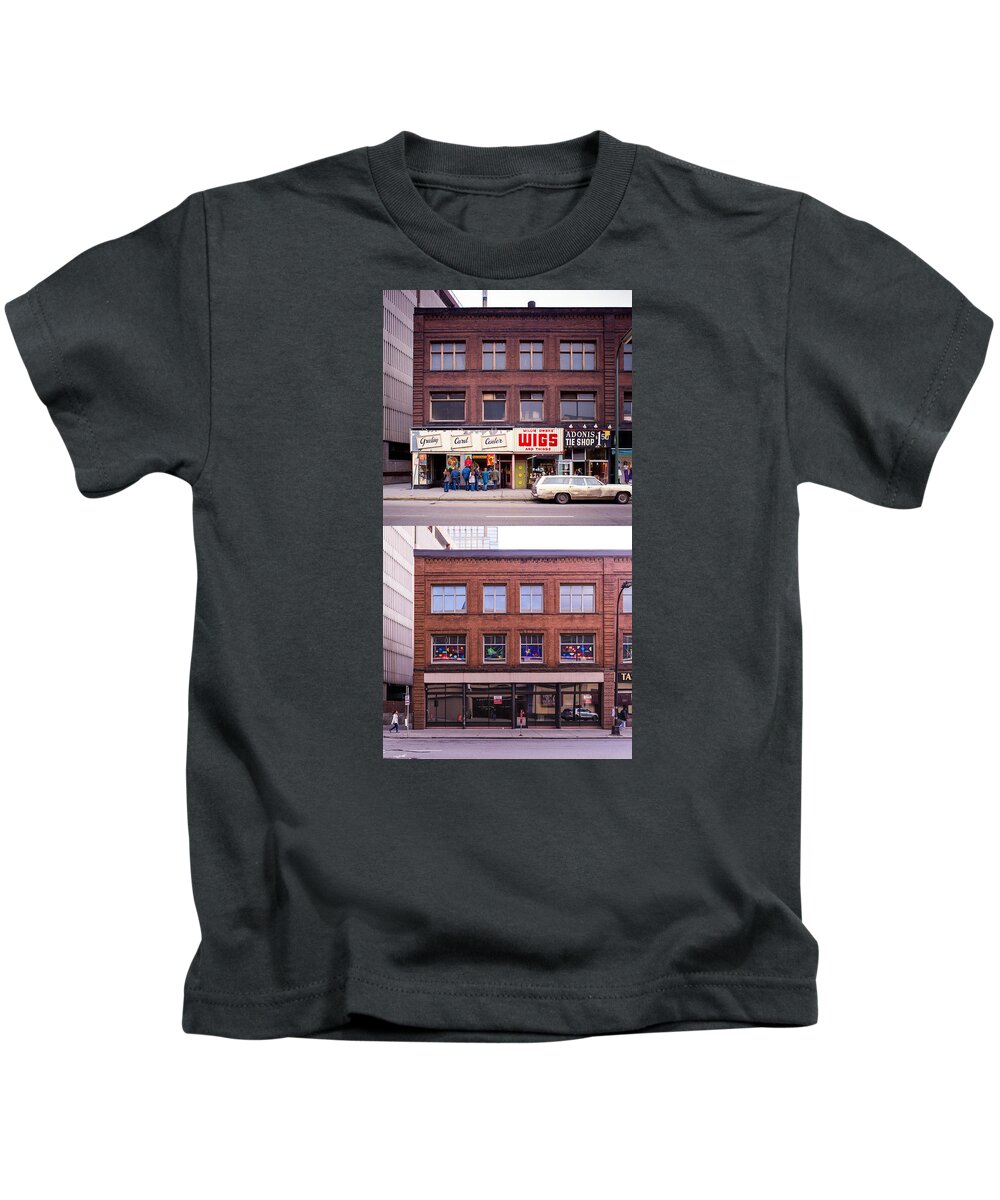 Downtown_printed Kids T-Shirt featuring the photograph Something's going on at the Greeting Card Center. #1 by Mike Evangelist