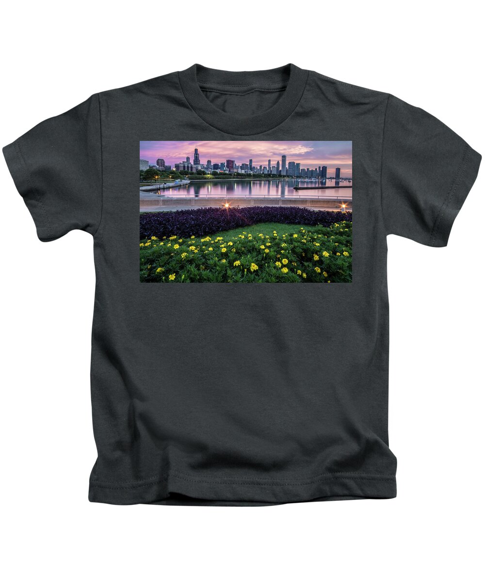 Monroe Harbor Kids T-Shirt featuring the photograph summer flowers and Chicago skyline #1 by Sven Brogren
